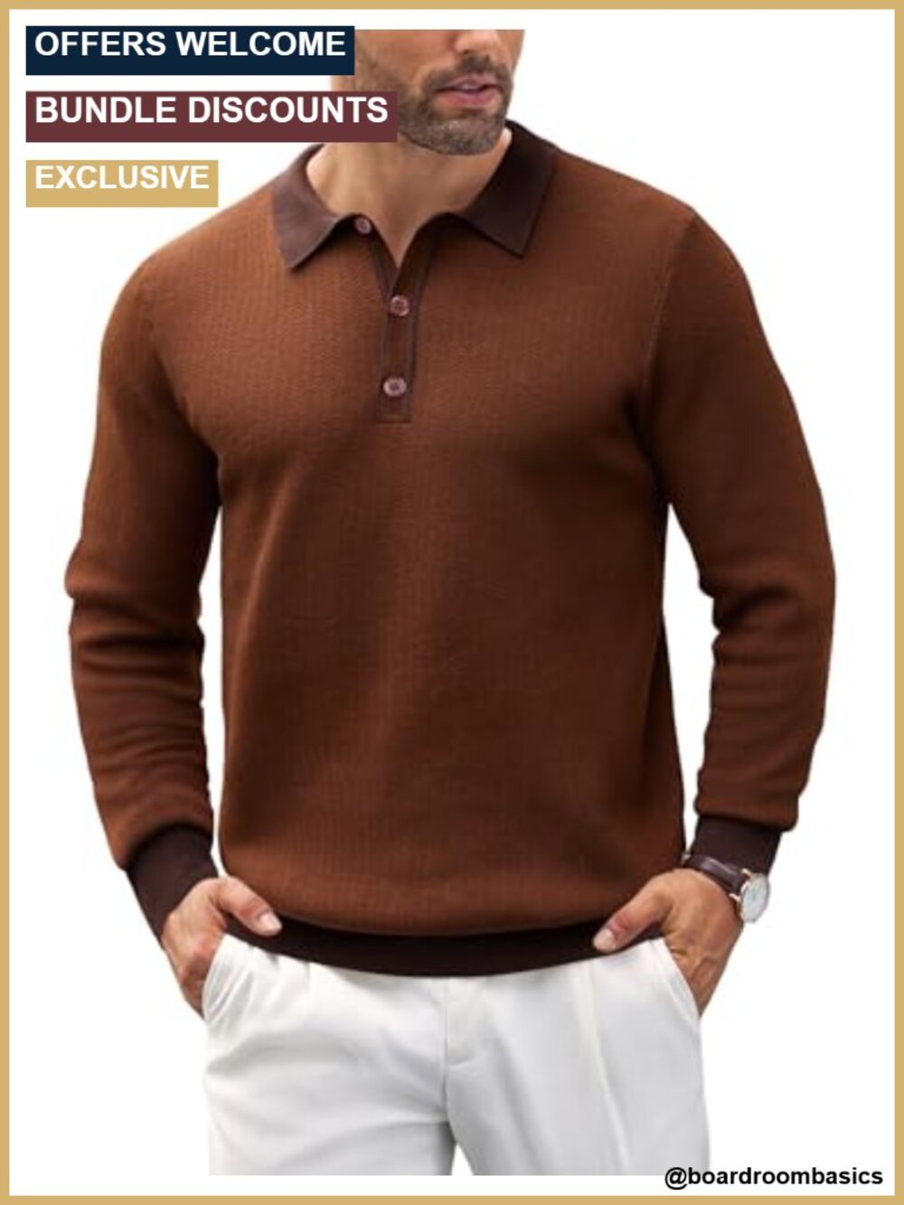 Men's Knit Polo Shirts Casual Long Sleeve Button Down Golf Shirt Stretchable